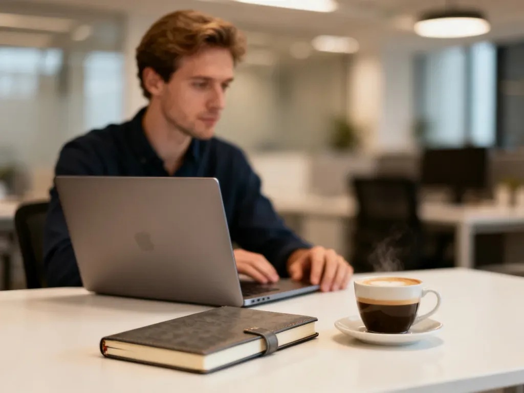 Mężczyzna pracujący przy laptopie w nowoczesnym biurze, ilustrujący profesjonalną komunikację e-mailową.