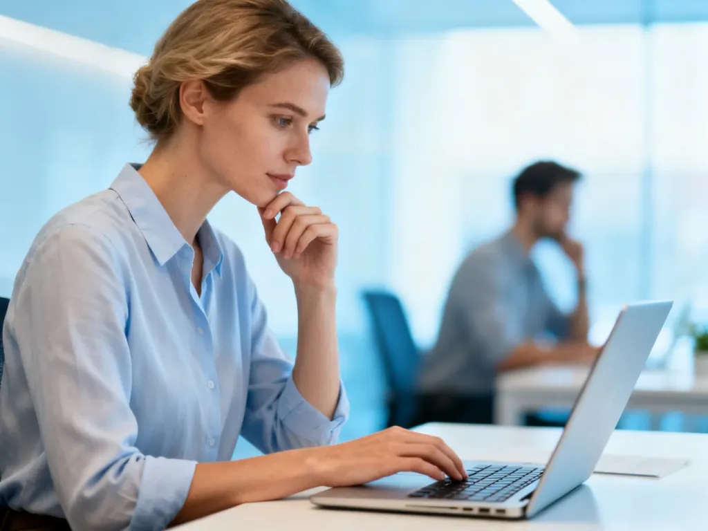 Kobieta pracująca przy laptopie w nowoczesnym biurze, skupiona na pisaniu wiadomości typu follow-up.